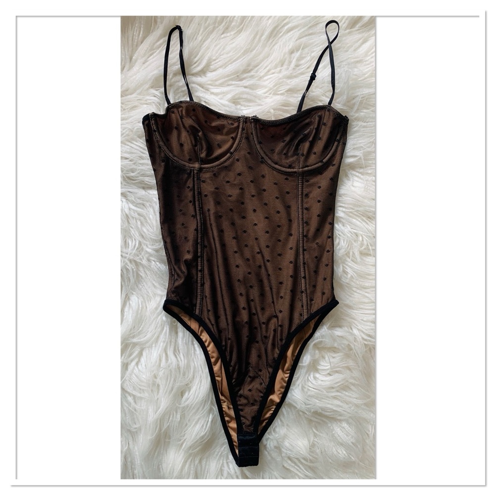 White Fox Boutique Swiss Dot Bustier Bodysuit Top Brown Black Size XS